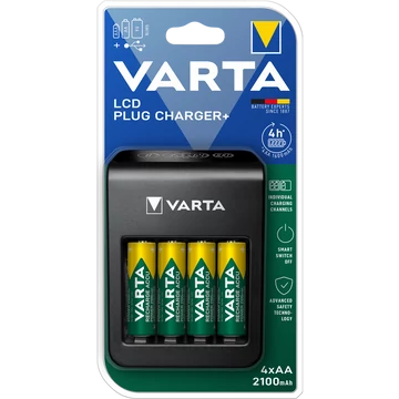 Elemtöltő, akku LCD Plug töltő + 4 db AA 2100 mAH Varta