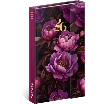 Határidőnapló mágnessel záródó, heti, fehér lapokkal Purple Flowers 130x210 mm, Presco