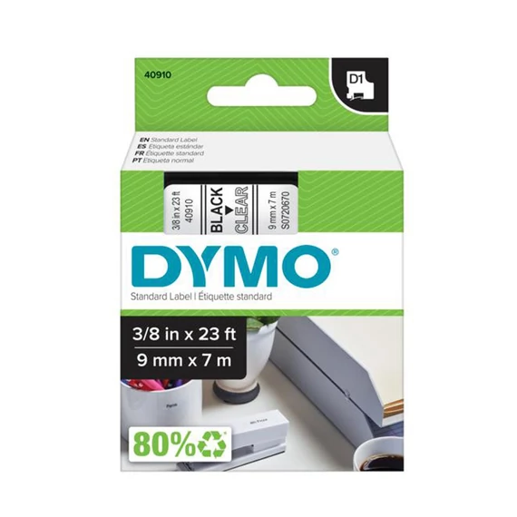 Feliratozógép szalag Dymo D1 S0720670/40910 9mmx7m, ORIGINAL, fekete/víztiszta 