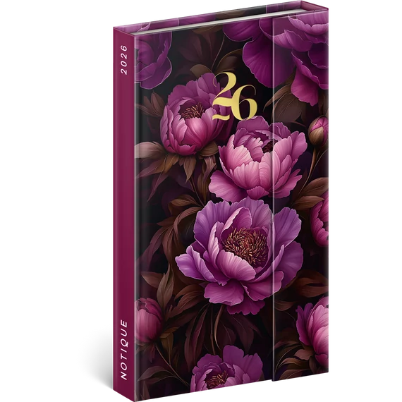 Határidőnapló mágnessel záródó, heti, fehér lapokkal Purple Flowers 130x210 mm, Presco