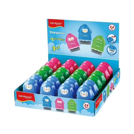 Hegyező 1 lyukú radírral és porkefével 24 db/display Keyroad Rocky Docky vegyes színek