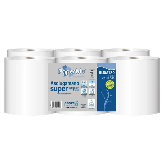 Kéztörlő 2 rétegű tekercses átmérő: 20 cm 100% cellulóz 486 lap/180 m/tekercs 6 tekercs/csomag Super 180 Paperdi