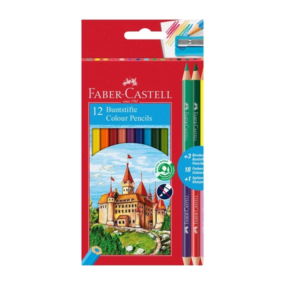 Színes ceruza készlet hatszögletű bicolor + hegyezővel Faber-Castell alap 12+3klf. szín