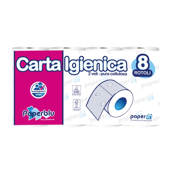 Toalettpapír 2 rétegű kistekercses 100%cellulóz 150 lap/15,75 m/tekercs 8 tekercs/csomag Paperblu Carta Igienica Paperdi
