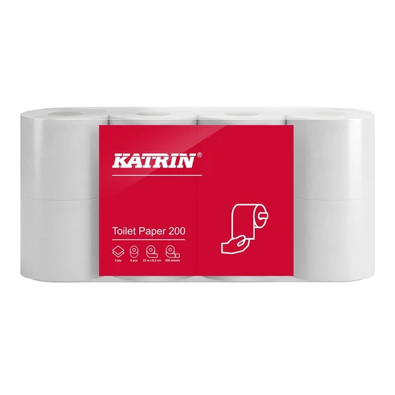 Toalettpapír 2 rétegű kistekercses átmérő: 11,5 cm 200 lap/23 m/tekercs 8 tekercs/csomag Katrin_104749 fehér