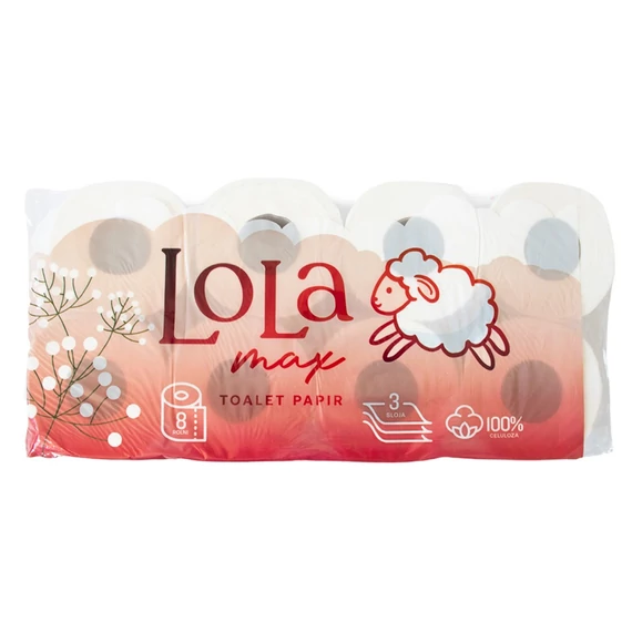 Toalettpapír 3 rétegű kistekercses 100% cellulóz 300 lap/tekercs 8 tekercs/csomag Lola