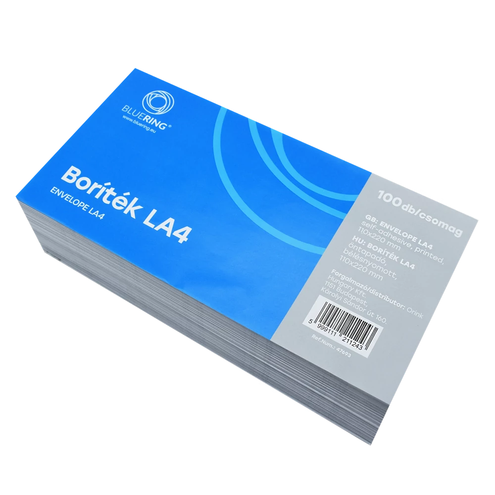 Boríték LA4 öntapadó bélésnyomott 110×220mm Bluering® 100 db/csom fehér