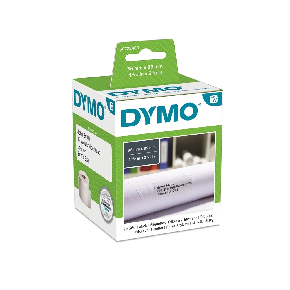 Etikett Dymo LW nyomtatóhoz 36x89mm, 260 db etikett/doboz, Original, fehér