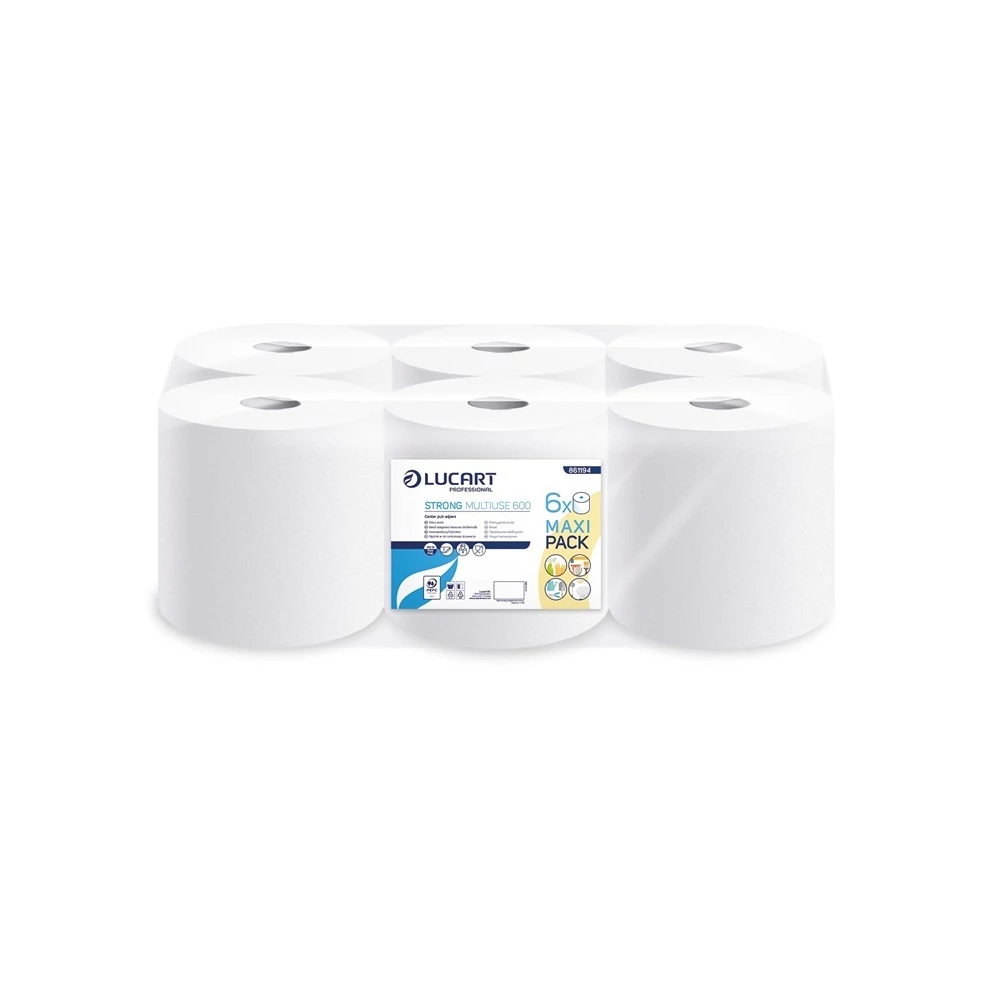 Kéztörlő 2 rétegű tekercses átmérő: 21 cm 100% cellulóz belső magos 6 tekercs/karton 600 Strong Lucart Multi-Use_861194A