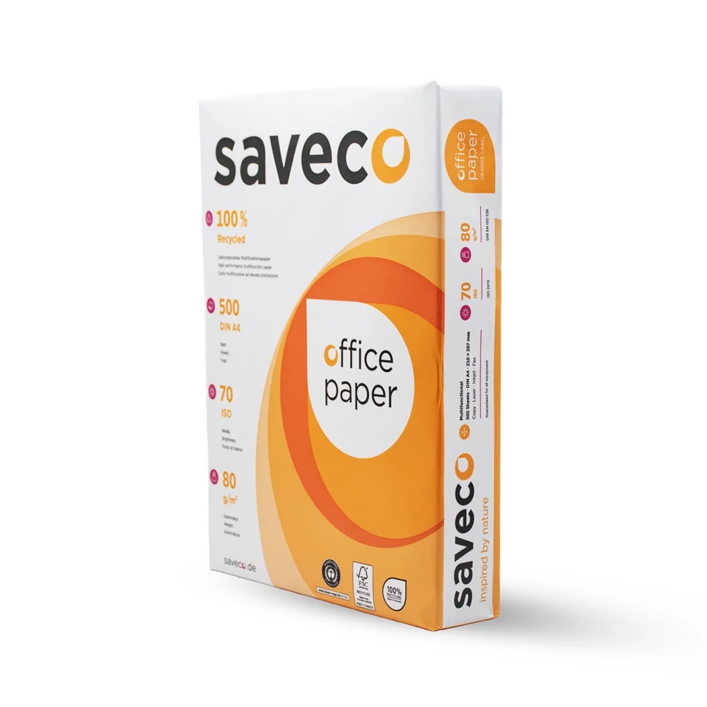 Másolópapír A4, 80g, újrahasznosított ISO 70 fehérségű Saveco Orange Label 500ív/csomag