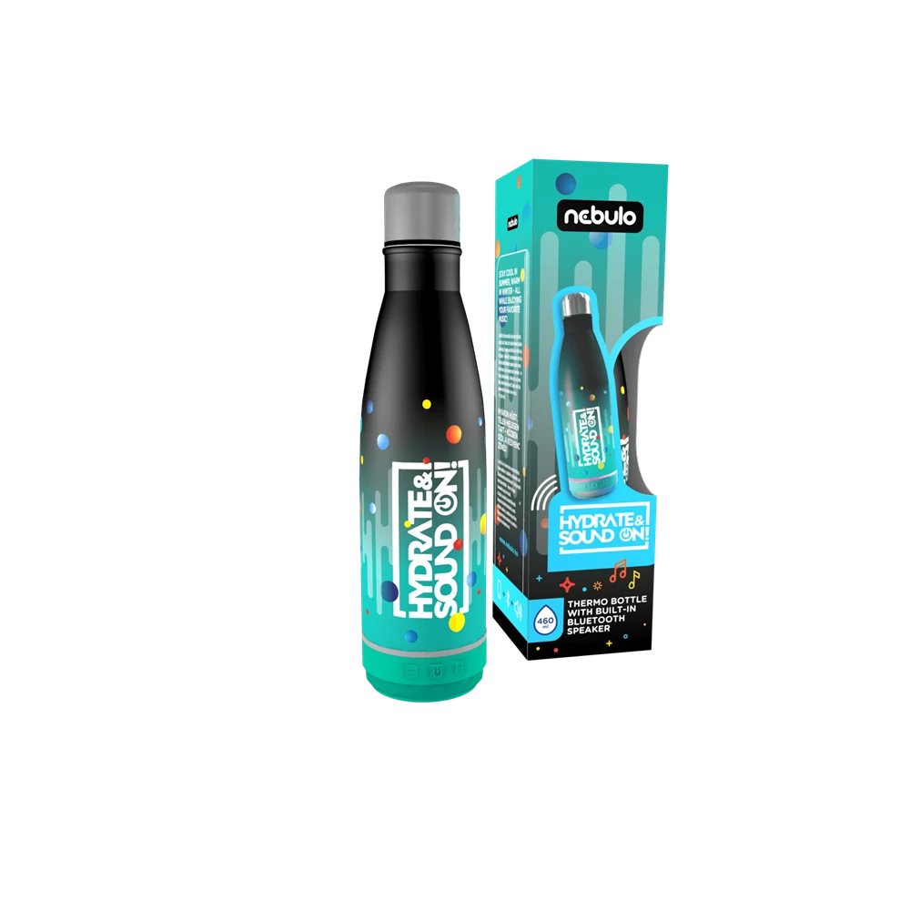 Palack, thermo, beépített bluetooth hangszóróval 460 ml fekete-türkiz, Nebulo