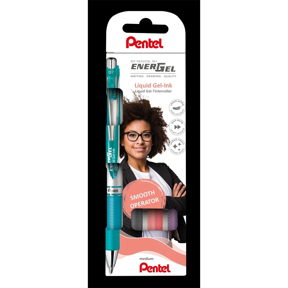 Rollertoll zselés 0.7mm, Pentel EnerGel BL77-4, írásszín korall, orgona, szürke, türkiz