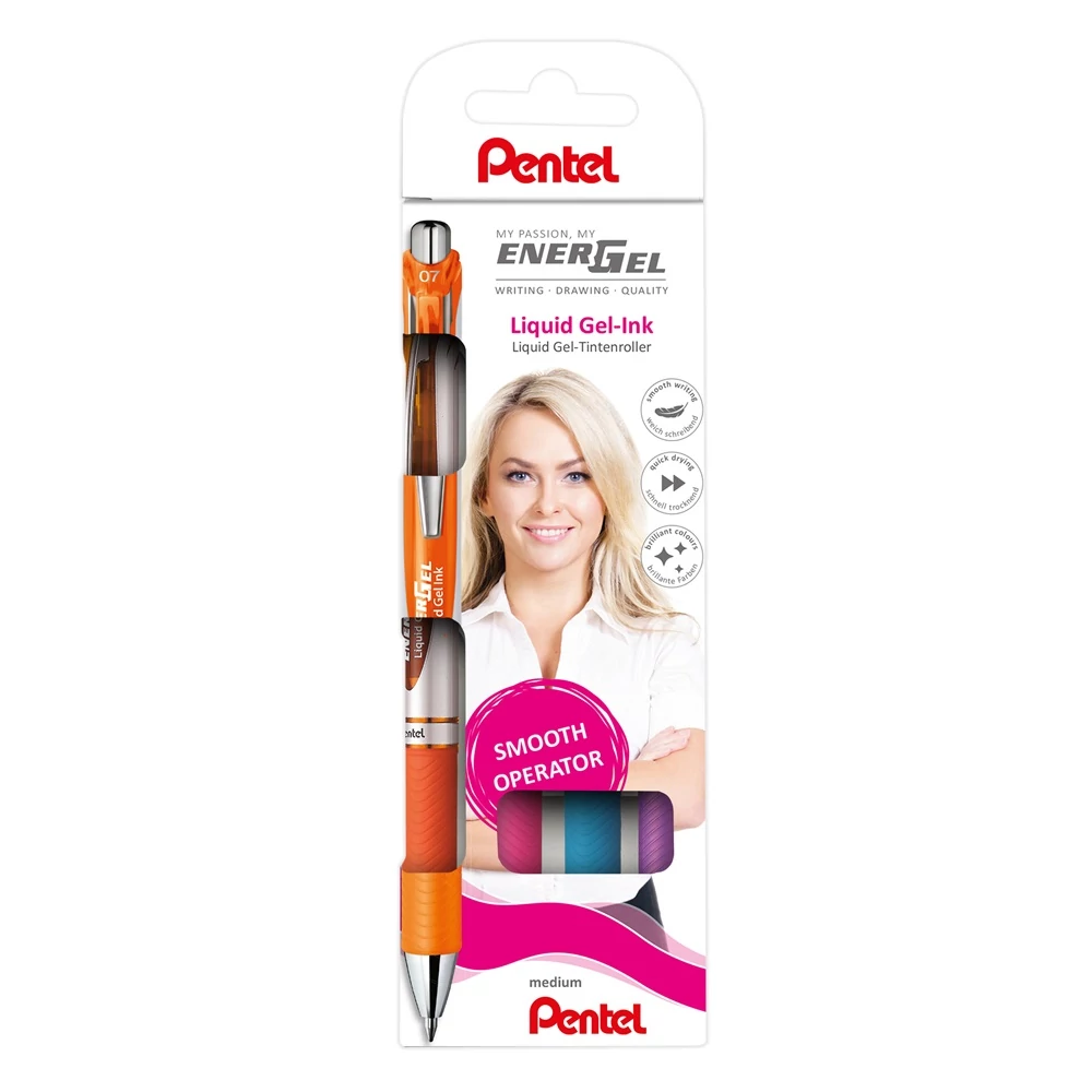 Rollertoll zselés 0.7mm, Pentel EnerGel BL77-4, írásszín narancs, pink, világoskék, lila