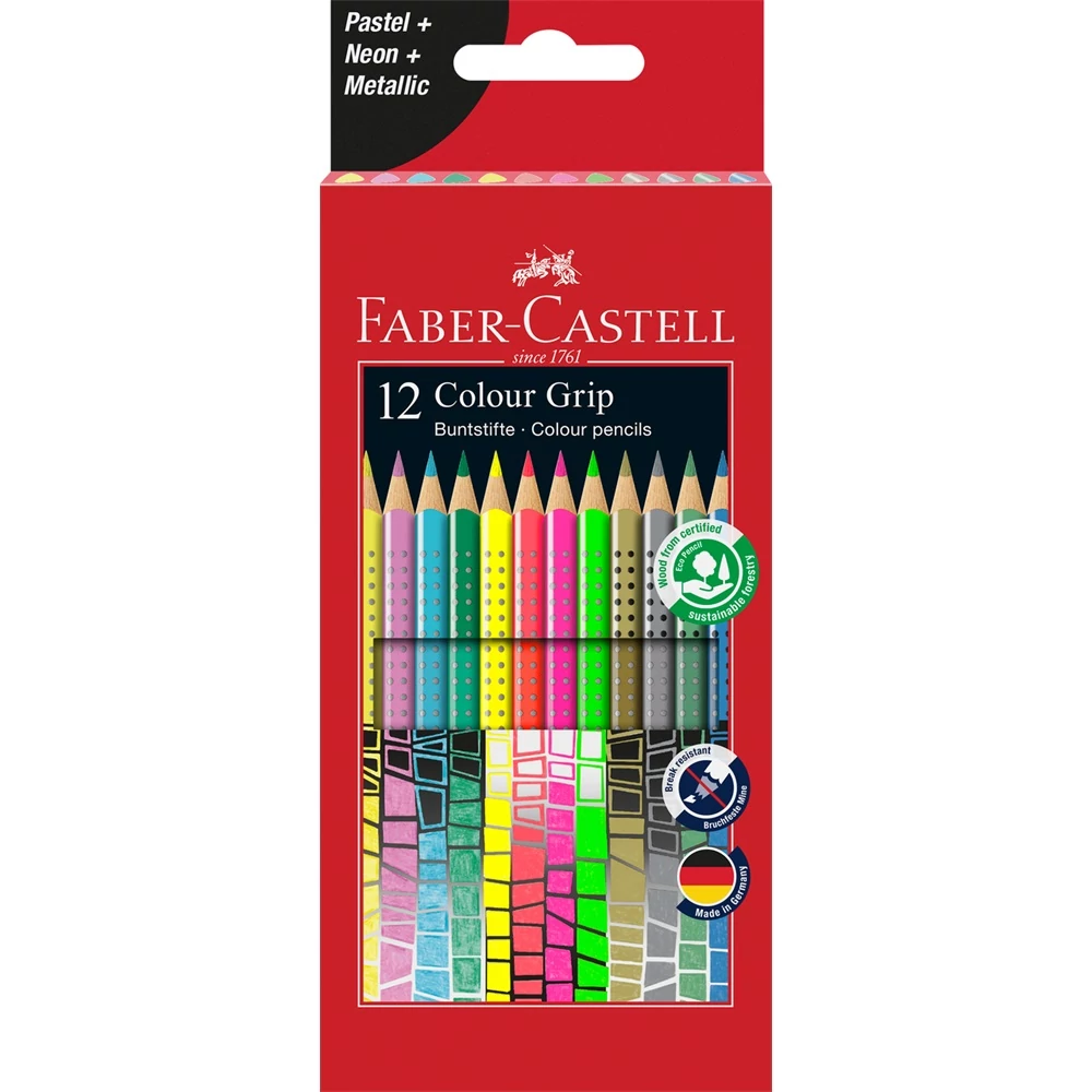 Színes ceruza készlet háromszögletű GRIP Faber-Castell pasztell, neon, metál színek 12klf. szín