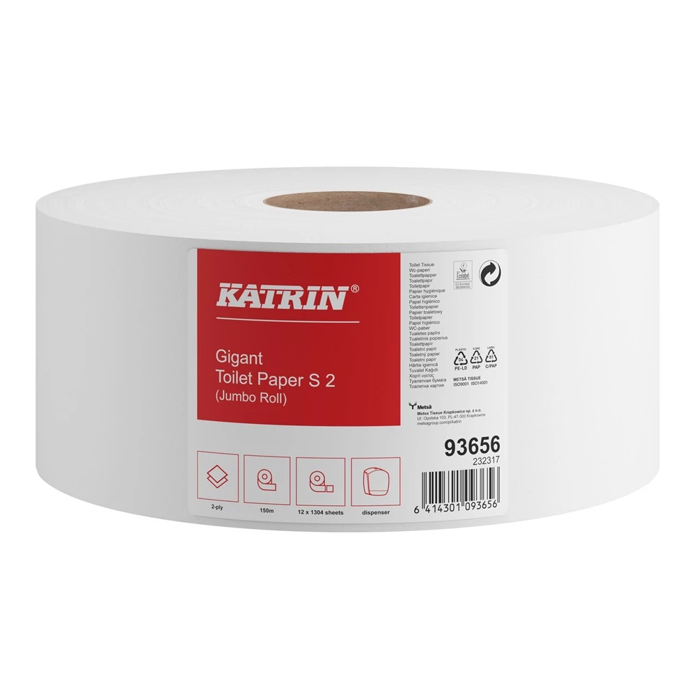 Toalettpapír 2 rétegű közületi átmérő: 18 cm 1304 lap/149,96 m/tekercs 12 tekercs/csomag Katrin Jumbo_93656 fehér