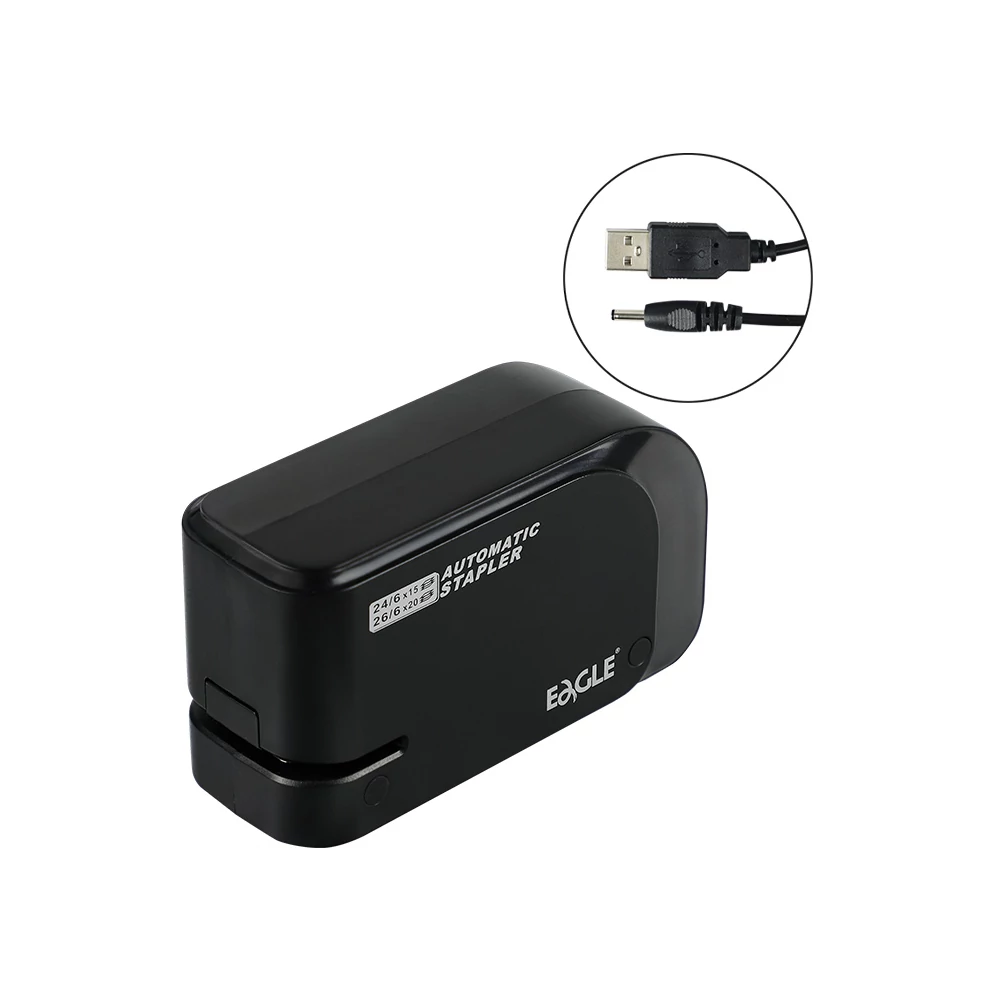Tűzőgép elektromos 20lap, 24/6 és 26/6  elemmel és USB kábelel is működtethető fekete EAGLE EG-1610